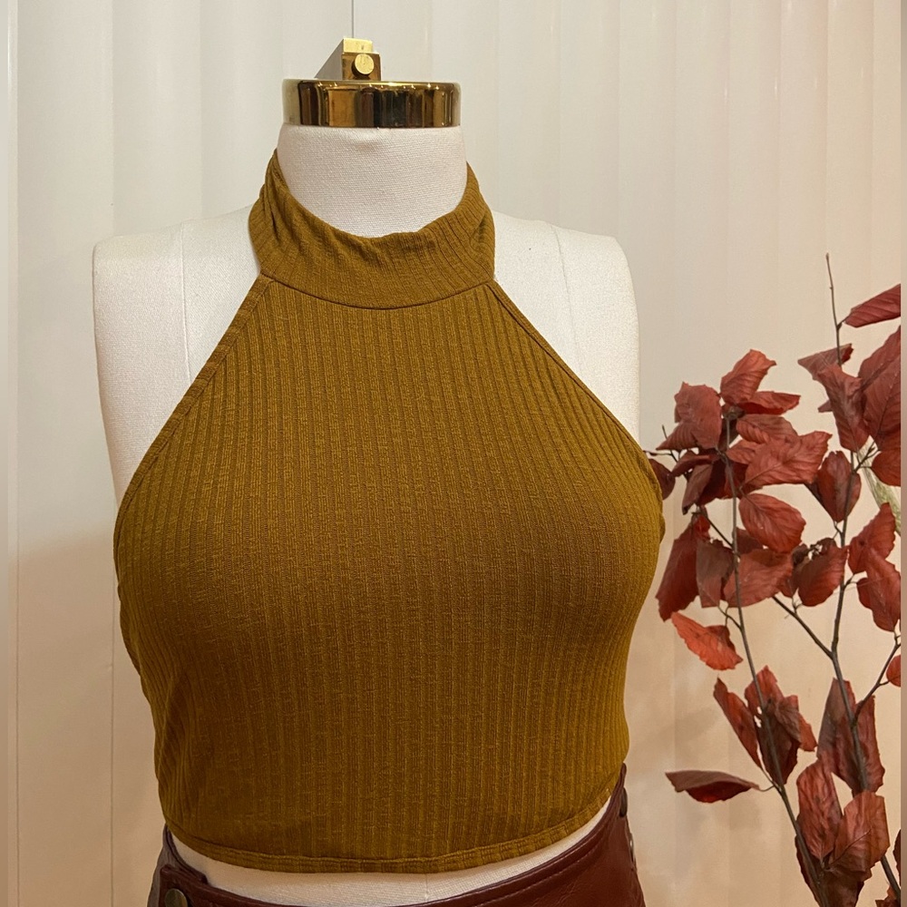 Free People “High Atlas” Mustard Halter Crop Top Sz S Strappy Back